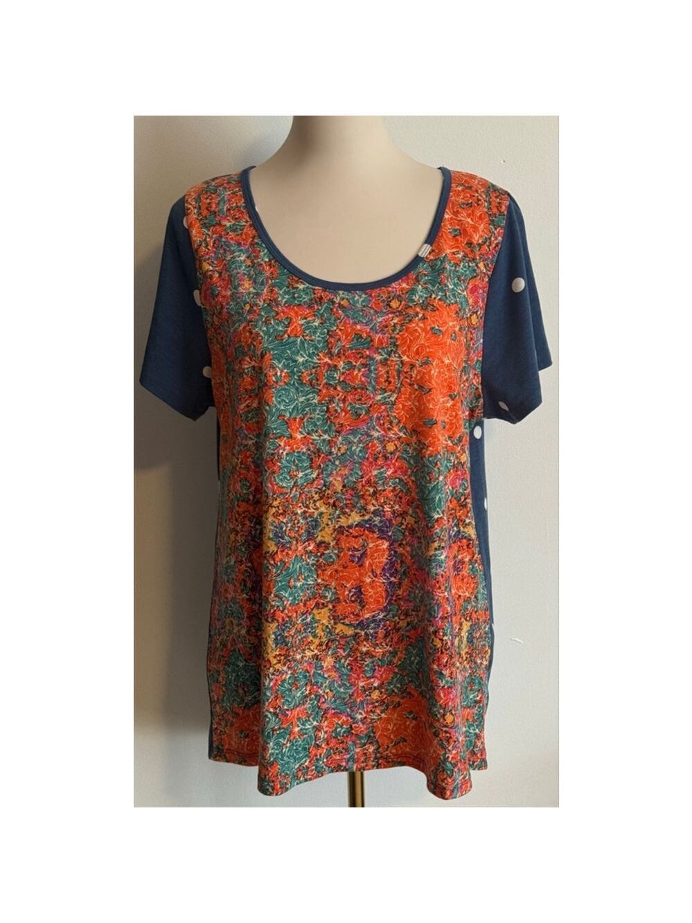 Women's LuLaRoe Short Sleeve Tee XL Blue Orange Floral Polka Dot